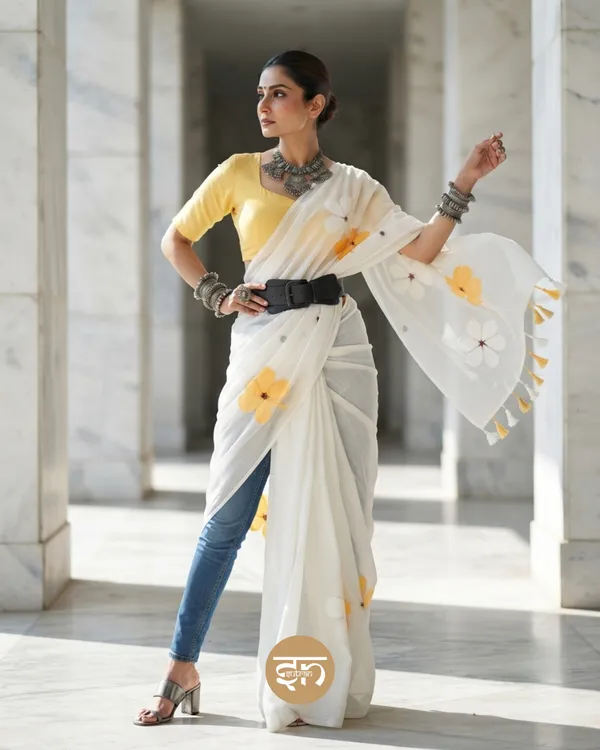 Ever_Blooming:_White_&_Yellow_Mul_Cotton_Saree_With_Hand-Painted_Work_For_Women