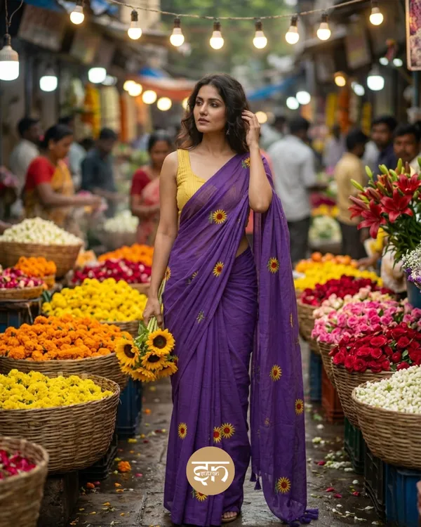 Sooraj_ki_Bahoon_Mein:_Purple_Sunflower_Embroidered_Mul_Cotton_Saree_For_Women