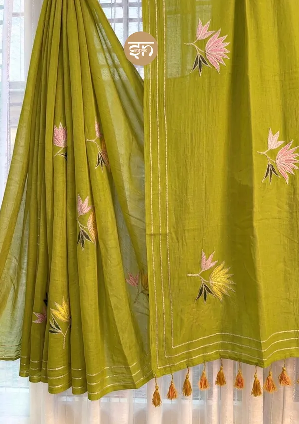 Gulbahar:_Olive_Green_Mul_Cotton_Saree_With_Embroidery_&_Sequin_Work_For_Women