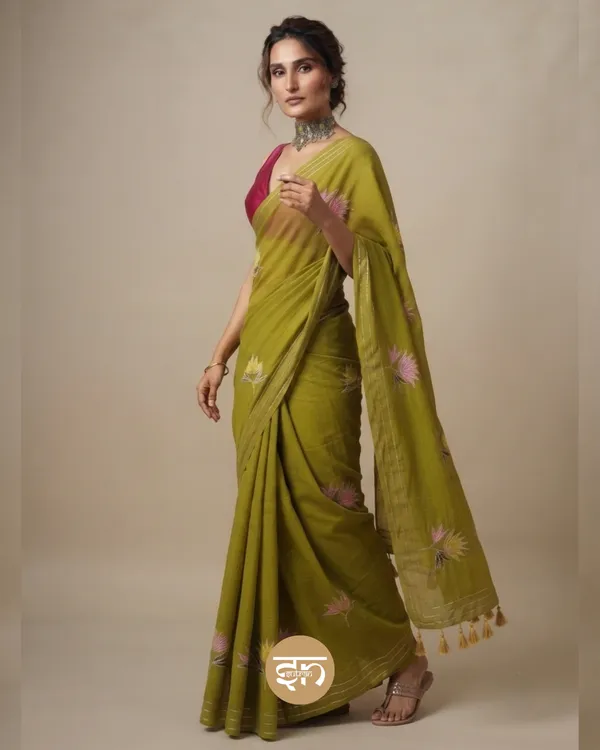 Gulbahar:_Olive_Green_Mul_Cotton_Saree_With_Embroidery_&_Sequin_Work_For_Women