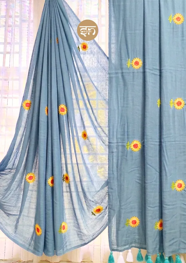 Sooraj_Ki_Bahoon_Mein:_Beach_Blue_Pure_Mul_Cotton_Saree_with_Beautiful_Sunflower_Embroidery_Work