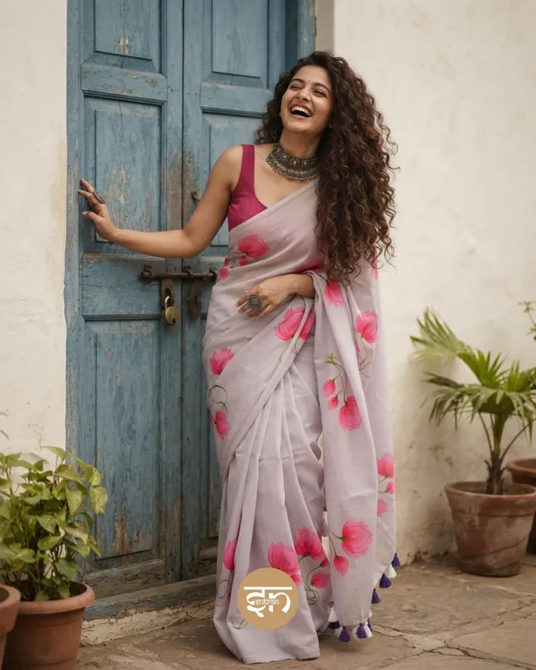 Kamalkari:_Baby_Pink_Mul_Cotton_Saree_With_Hand-Painted_Work_For_Women
