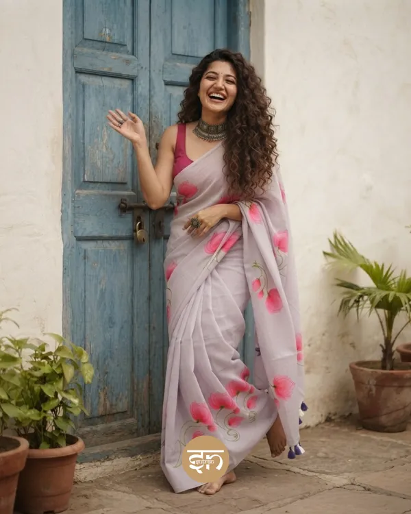 Kamalkari:_Baby_Pink_Mul_Cotton_Saree_With_Hand-Painted_Work_For_Women