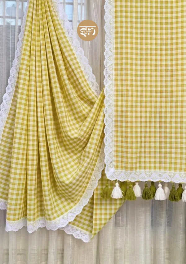 Feather_Loom_Threads:_Lime_Green_Pure_Mul_Cotton_Gingham_Saree_with_Lace_Border