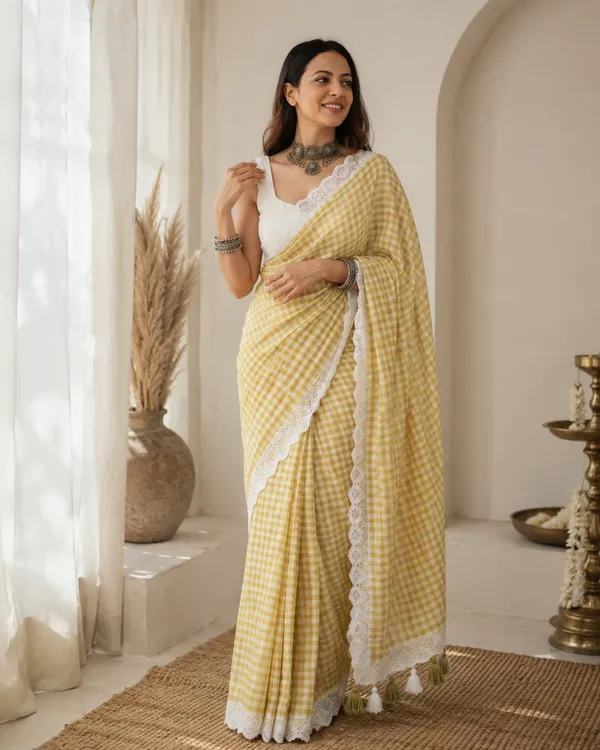 Feather_Loom_Threads:_Lime_Green_Pure_Mul_Cotton_Gingham_Saree_with_Lace_Border