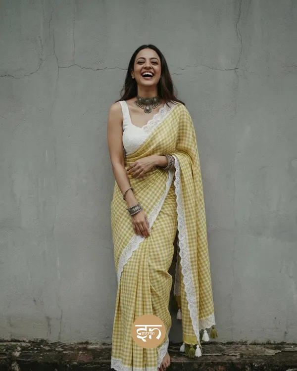 Feather_Loom_Threads:_Lime_Green_Pure_Mul_Cotton_Gingham_Saree_with_Lace_Border