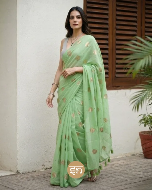 Moonlit_Leaves:_Pista_Green_Pure_Mul_Cotton_Saree_with_Elegant_Leaf_Sequin_Embroidery_Work