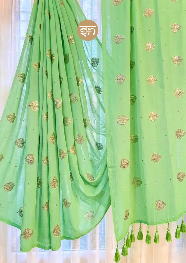 Moonlit_Leaves:_Pista_Green_Pure_Mul_Cotton_Saree_with_Elegant_Leaf_Sequin_Embroidery_Work