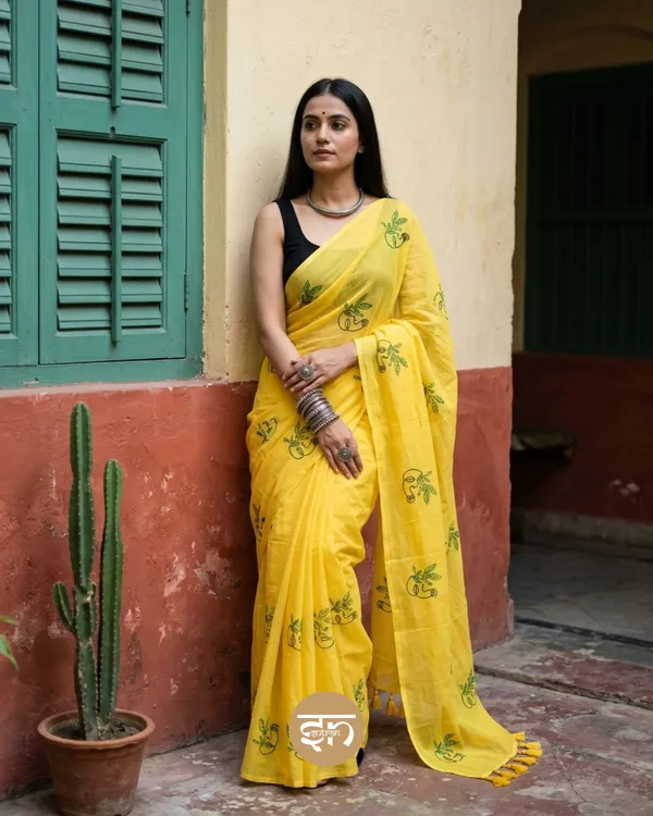 Hastakala:_Yellow_Mul_Cotton_Saree_With_Embroidery_Work_For_Women