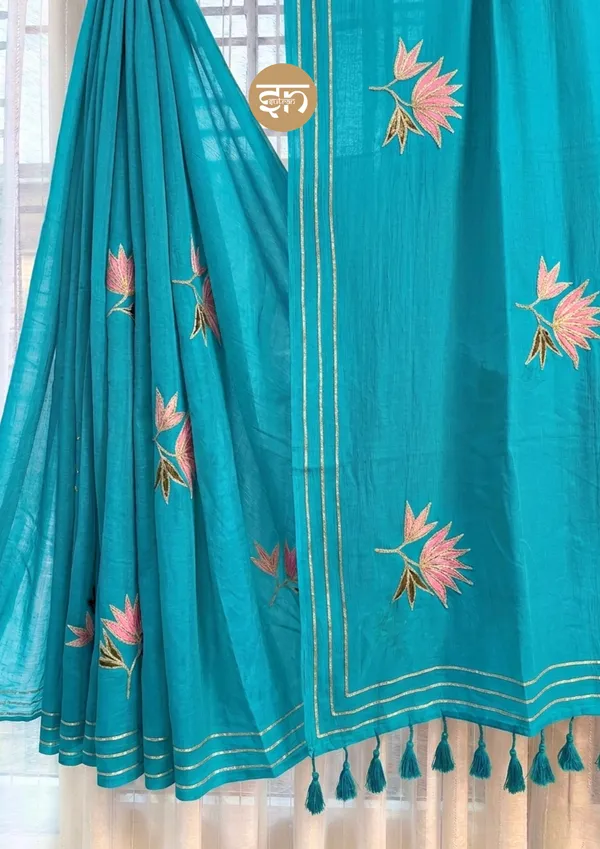Gulbahar:_Turquoise_Mul_Cotton_Saree_With_Embroidery_&_Sequin_Work_For_Women