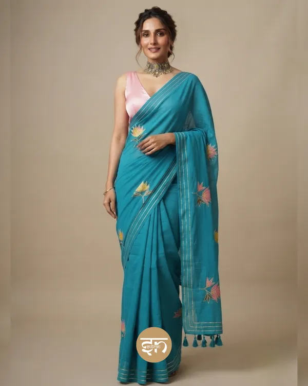 Gulbahar:_Turquoise_Mul_Cotton_Saree_With_Embroidery_&_Sequin_Work_For_Women