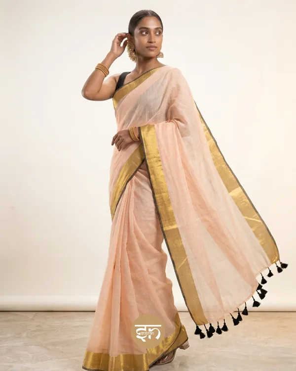 Anuragini:_Beige,_Golden_&_Black_Mul_Cotton_Saree_For_Women
