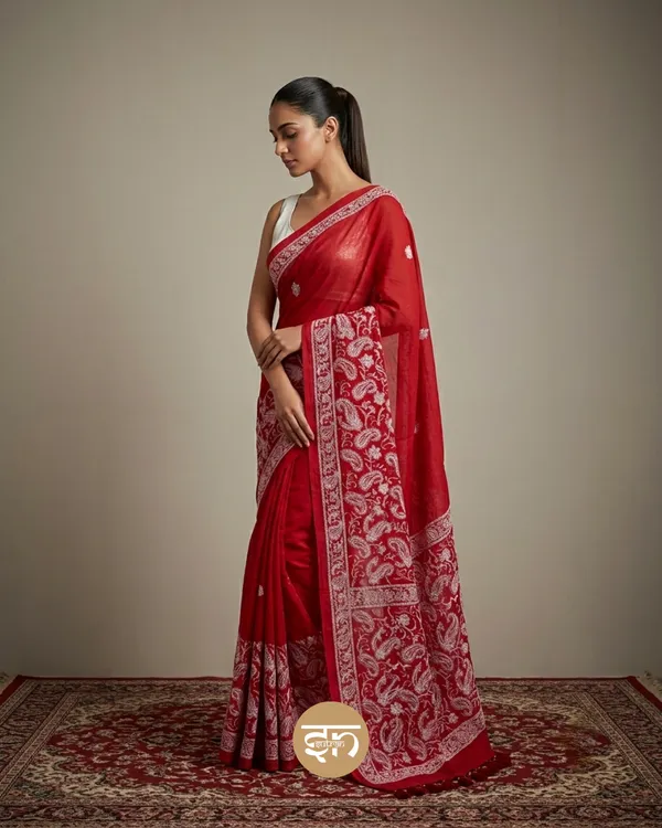 Khwaab_Buney_Hue:_Red_Elegant_Mul_Cotton_Saree_with_Delicate_Chikankari_Work