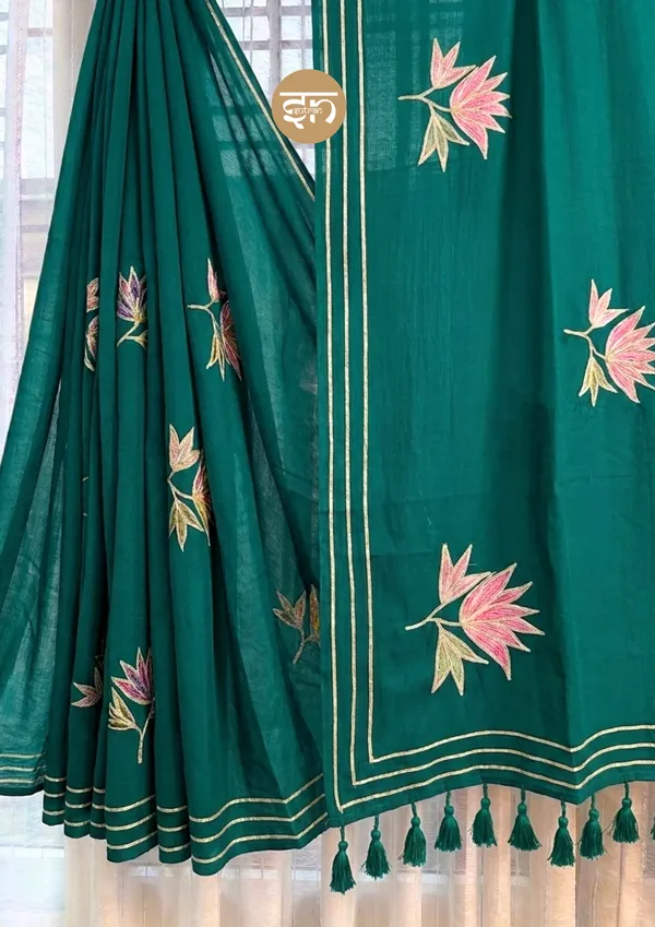 Gulbahar:_Teal_Mul_Cotton_Saree_With_Embroidery_&_Sequin_Work_For_Women
