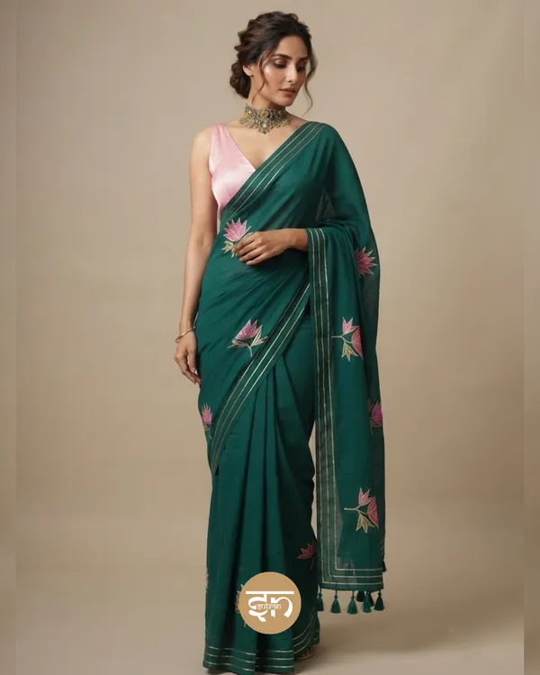 Gulbahar:_Teal_Mul_Cotton_Saree_With_Embroidery_&_Sequin_Work_For_Women