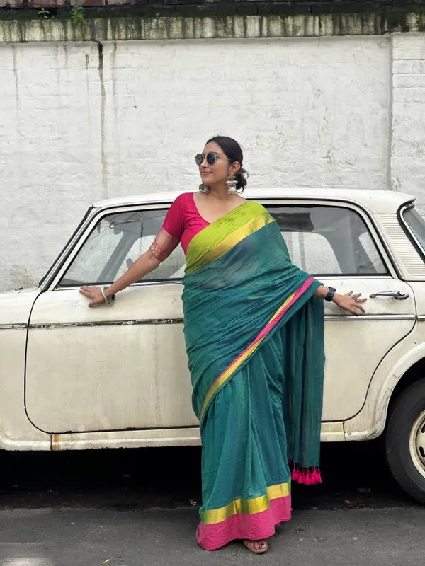 Anuragini:_Bottle_Green_Mul_Cotton_Saree_For_Women