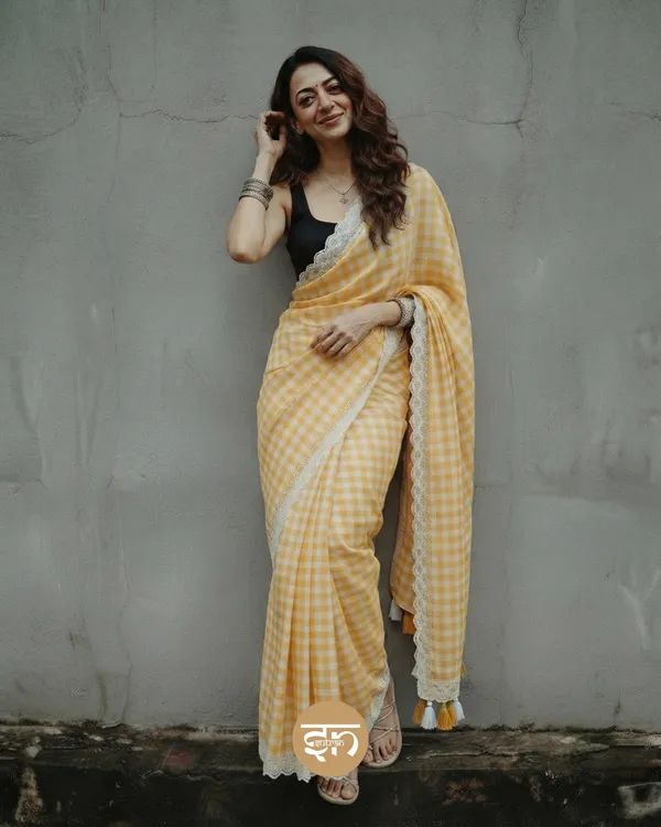 Feather_Loom_Threads:_Yellow_Pure_Mul_Cotton_Gingham_Saree_with_Lace_Border