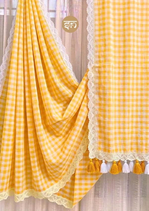 Feather_Loom_Threads:_Yellow_Pure_Mul_Cotton_Gingham_Saree_with_Lace_Border