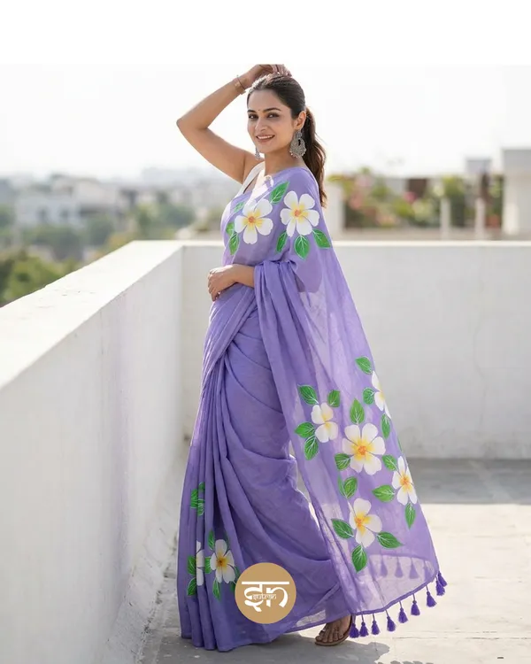 Ever_Blooming:_Lavender_&_White_Mul_Cotton_Saree_With_Hand-Painted_Work_For_Women