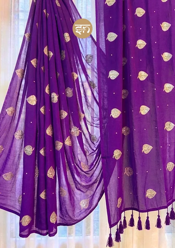 Moonlit_Leaves:_Purple_Pure_Mul_Cotton_Saree_with_Elegant_Leaf_Sequin_Embroidery_Work