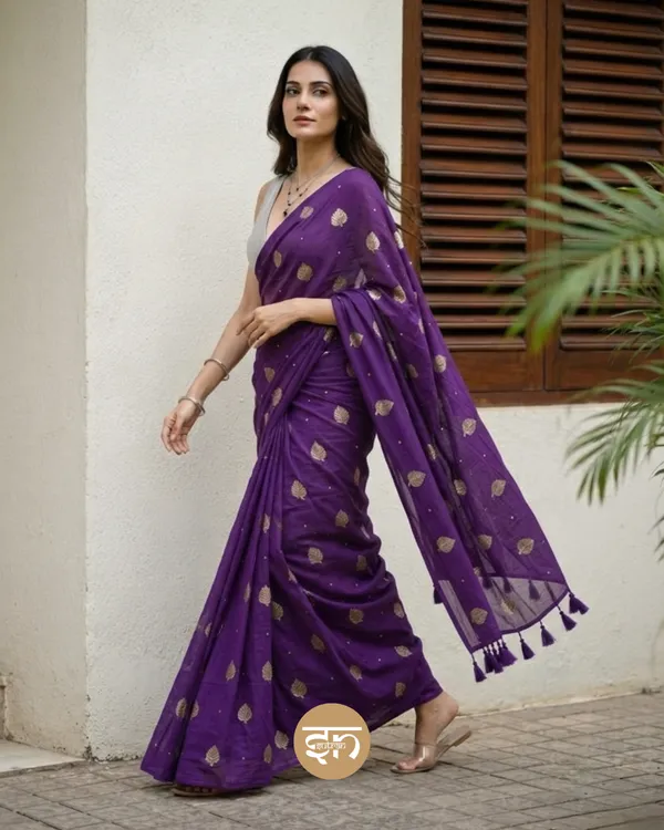 Moonlit_Leaves:_Purple_Pure_Mul_Cotton_Saree_with_Elegant_Leaf_Sequin_Embroidery_Work
