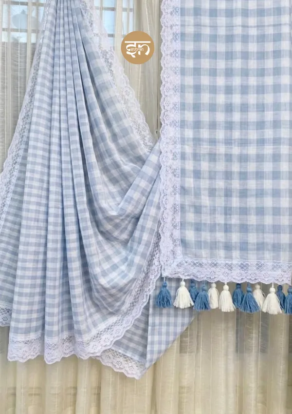 Feather_Loom_Threads:_Gingham_Grey_Mul_Cotton_Saree_For_Women