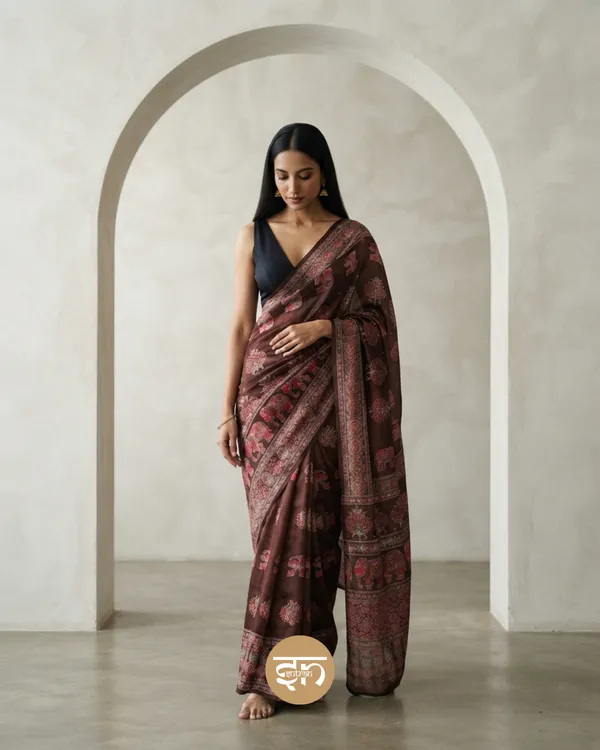 Sheesh_Chic:_Maroon_Japan_Satin_Saree_with_Detailed_Ajrakh_Print_with_Mirror_Work