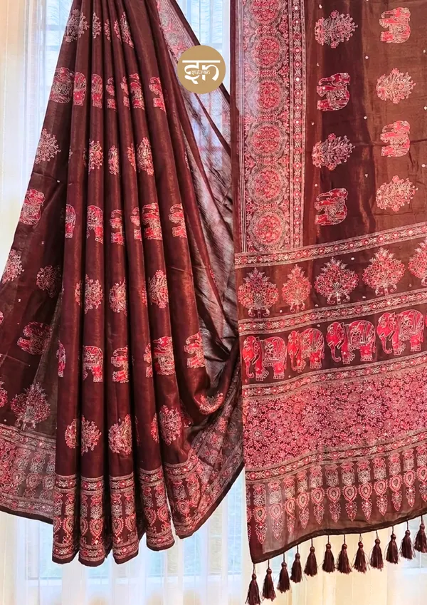 Sheesh_Chic:_Maroon_Japan_Satin_Saree_with_Detailed_Ajrakh_Print_with_Mirror_Work
