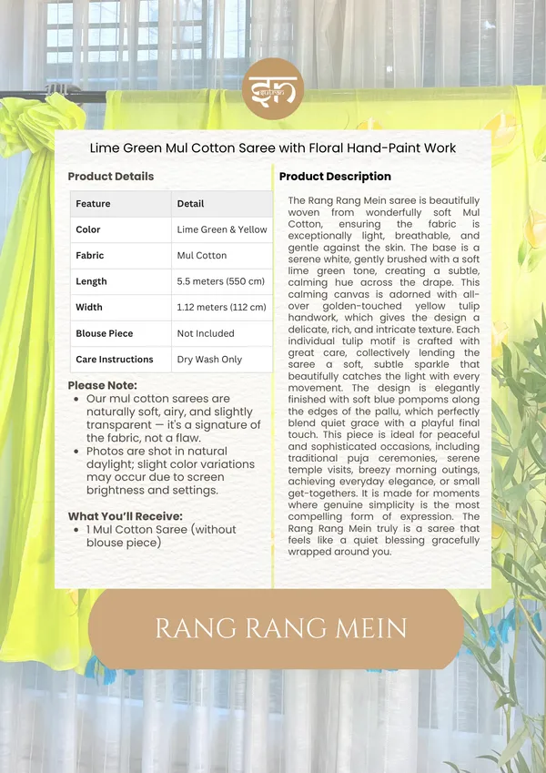 Rang_Rang_Mein:_Lime_Green_Mul_Cotton_Saree_With_Hand-Painted_Work_For_Women