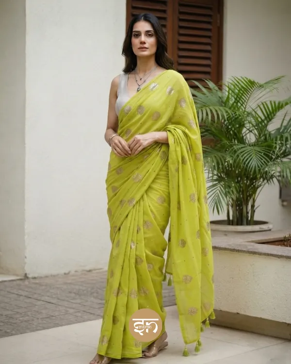 Moonlit_Leaves:_Lime_Green_Mul_Cotton_Saree_with_Elegant_Leaf_Sequin_Embroidery_Work