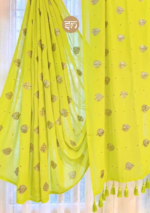 Moonlit_Leaves:_Lime_Green_Mul_Cotton_Saree_with_Elegant_Leaf_Sequin_Embroidery_Work