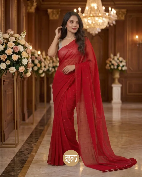 Sunehri_Sitare:_Red_Mul_Cotton_Saree_With_Sequin_Work_For_Women