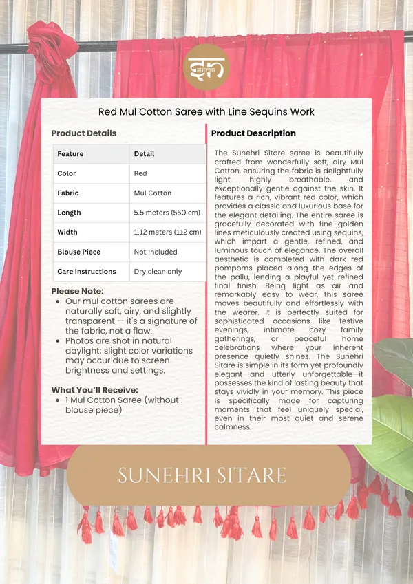 Sunehri_Sitare:_Red_Mul_Cotton_Saree_With_Sequin_Work_For_Women