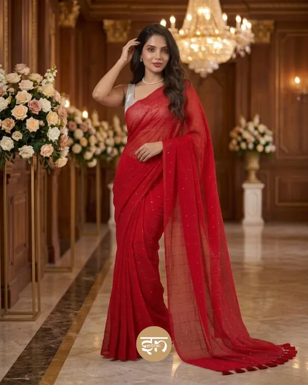 Sunehri_Sitare:_Red_Mul_Cotton_Saree_With_Sequin_Work_For_Women
