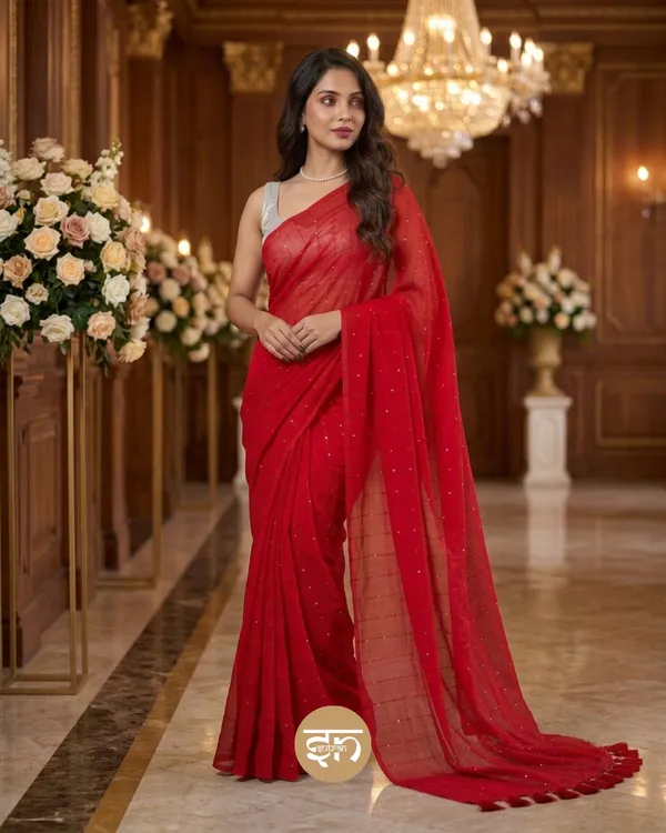 Sunehri_Sitare:_Red_Mul_Cotton_Saree_With_Sequin_Work_For_Women