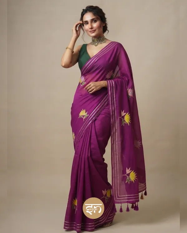 Gulbahar:_Raspberry_Mul_Cotton_Saree_With_Embroidery_&_Sequin_Work_For_Women