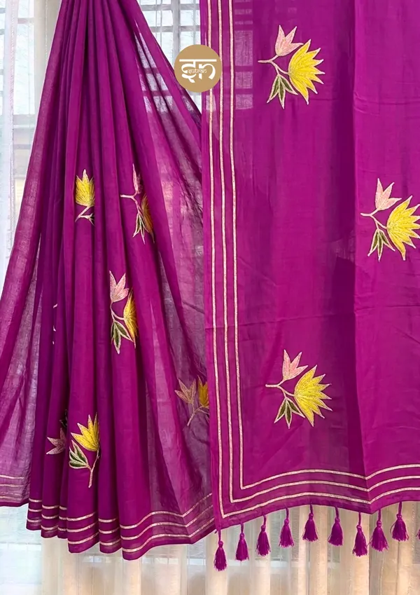 Gulbahar:_Raspberry_Mul_Cotton_Saree_With_Embroidery_&_Sequin_Work_For_Women