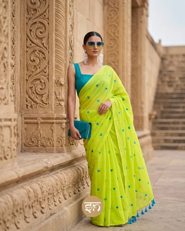 Dil_Dhadakne_Do:_Lime_Green_&_Turqoise_Mul_Cotton_Saree_With_Embroidery_Work_For_Women
