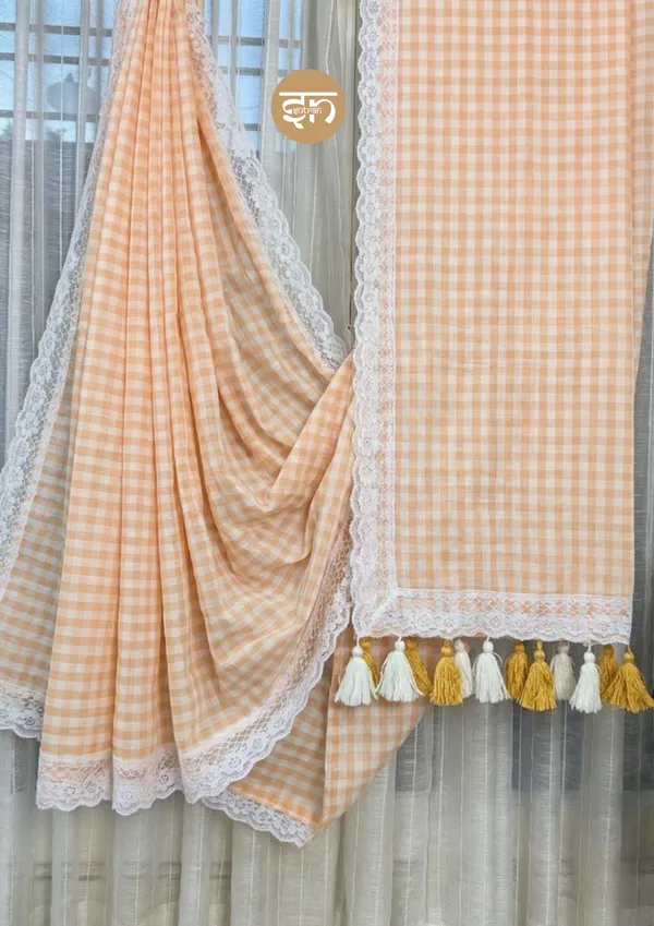 Feather_Loom_Threads:_Gingham_Peach_Mul_Cotton_Saree_For_Women
