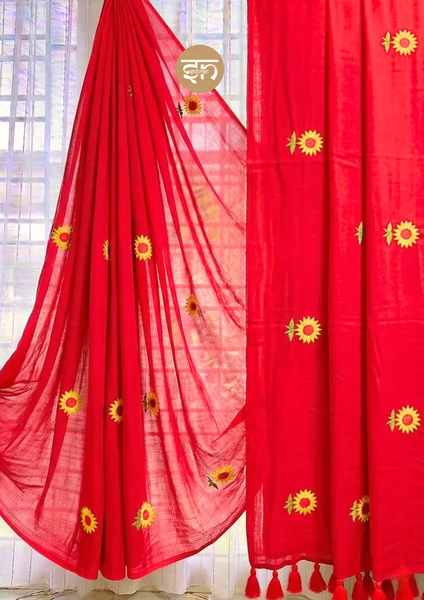 Sooraj_Ki_Bahoon_Mein:_Red_Pure_Mul_Cotton_Saree_with_Beautiful_Sunflower_Embroidery_Work