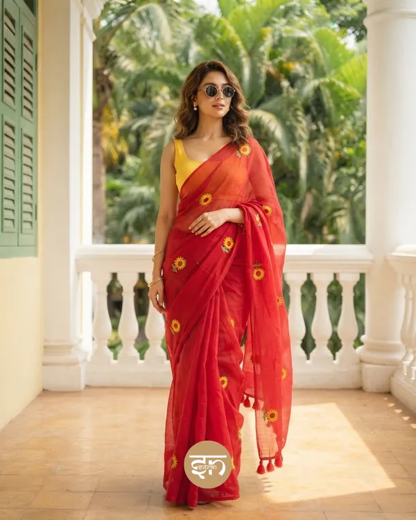 Sooraj_Ki_Bahoon_Mein:_Red_Pure_Mul_Cotton_Saree_with_Beautiful_Sunflower_Embroidery_Work