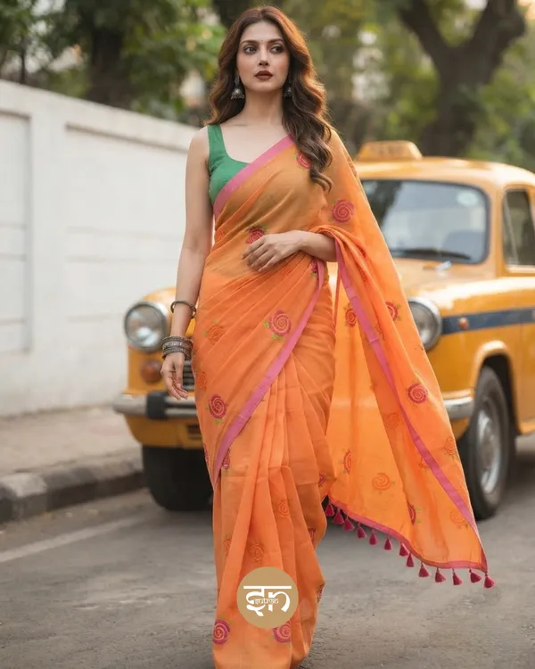 Seli_Fulkari:_Orange_Pure_Mul_Cotton_Saree_with_All-Over_Rose_Embroidery_Work