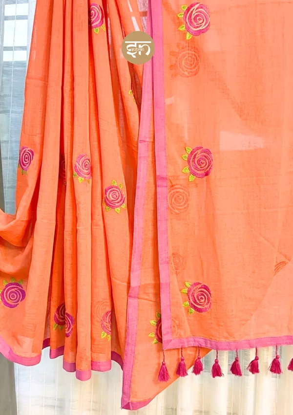 Seli_Fulkari:_Orange_Pure_Mul_Cotton_Saree_with_All-Over_Rose_Embroidery_Work