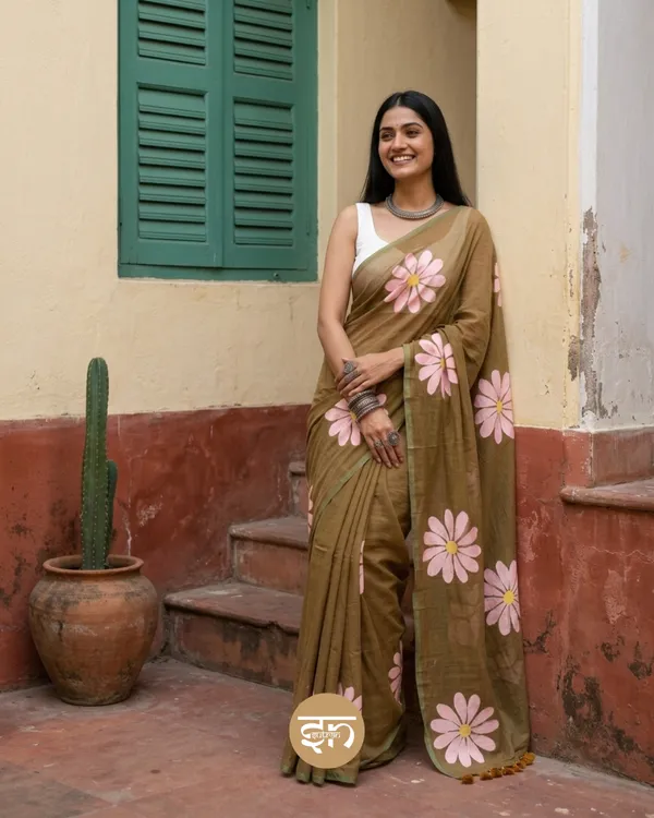 Daily_Daisy:_Brown_&_White_Dual-Tone_Mul_Cotton_Saree_With_Hand-Painted_Work_For_Women