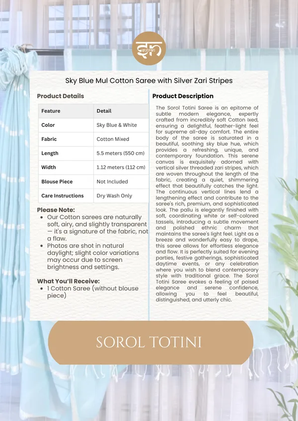 Sorol_Totini:_Sky_Blue_&_White_Cotton_Blend_Saree_With_Thread_Work_For_Women