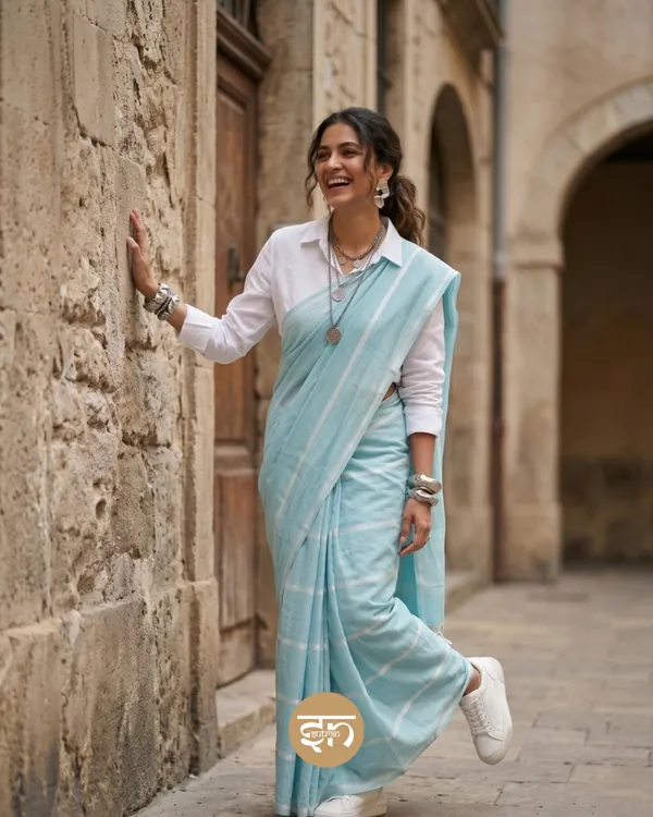 Sorol_Totini:_Sky_Blue_&_White_Cotton_Blend_Saree_With_Thread_Work_For_Women
