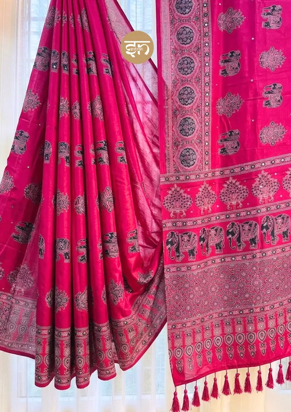 Sheesh_Chic:_Pink_Japan_Satin_Saree_with_Detailed_Ajrakh_Print_with_Mirror_Work