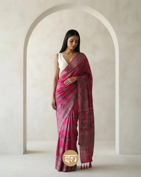 Sheesh_Chic:_Pink_Japan_Satin_Saree_with_Detailed_Ajrakh_Print_with_Mirror_Work