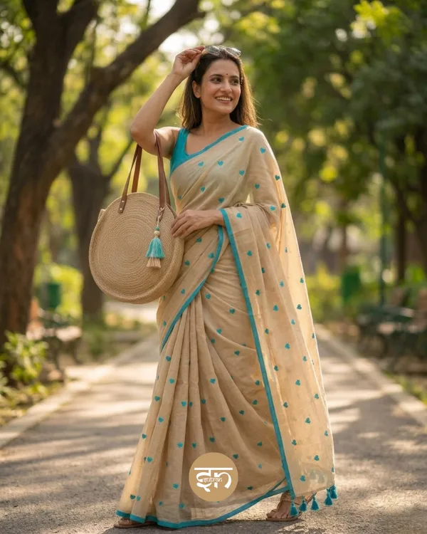 Dil_Dhadakne_Do:_Beige_&_Turqoise_Mul_Cotton_Saree_With_Embroidery_Work_For_Women