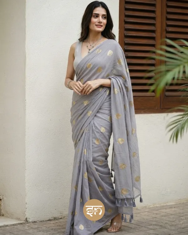 Moonlit_Leaves:_Grey_Pure_Mul_Cotton_Saree_with_Elegant_Leaf_Sequin_Embroidery_Work